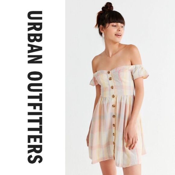 UO Amelie Off-The-Shoulder Button-Down Dress - Picture 1 of 8